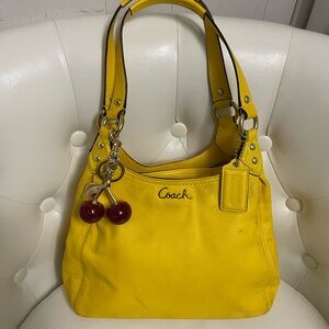 Coach Bright Yellow Leather Shoulder Bag with Cherry Charm